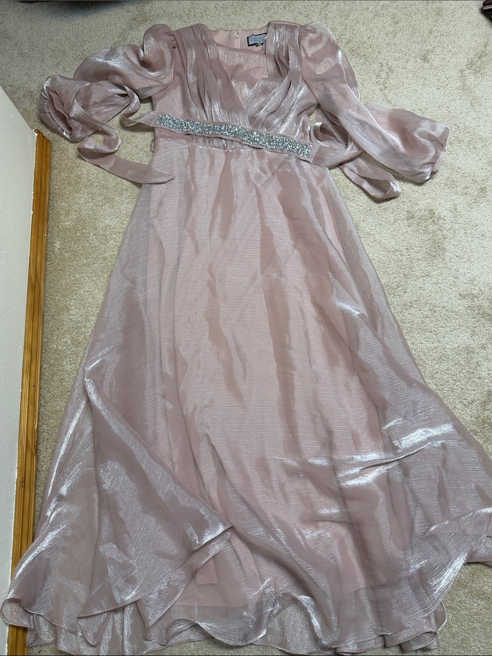 Shimmery Blush Pink Party Dress with Beaded Waist belt